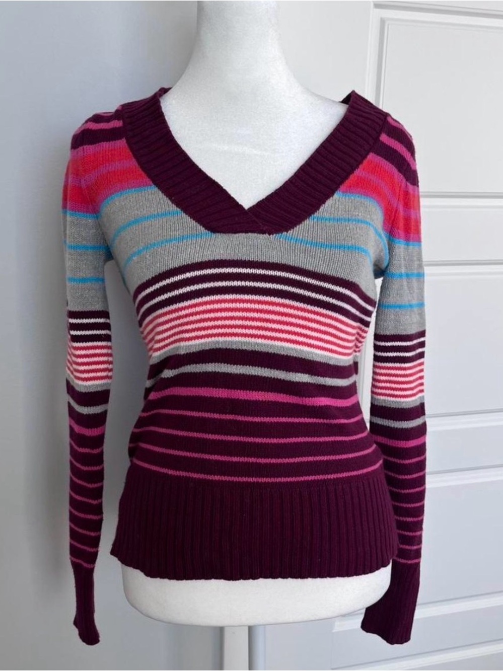 Aeropostale Women's V-Neck Striped Sweater - Plum, Pink, Gray, Blue